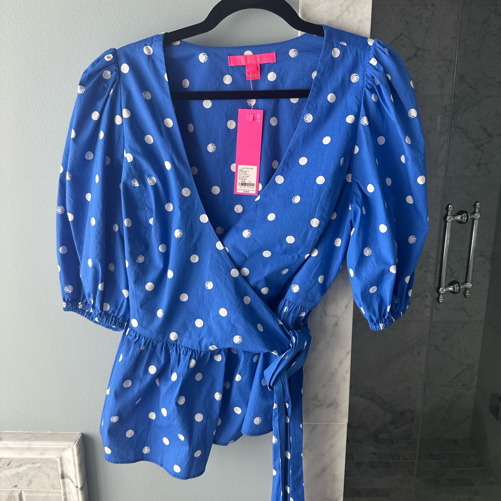 New with tags! Lilly Pulitzer Kara Cotton Wrap Top blue grotto hot spot size 12 - Picture 4 of 7